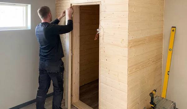 Meister sätib puitsauna ukseraami, lavalauad kinnitatakse altpoolt peidetud roostevabade kruvidega, istuja kuuma metalli ei puuduta.