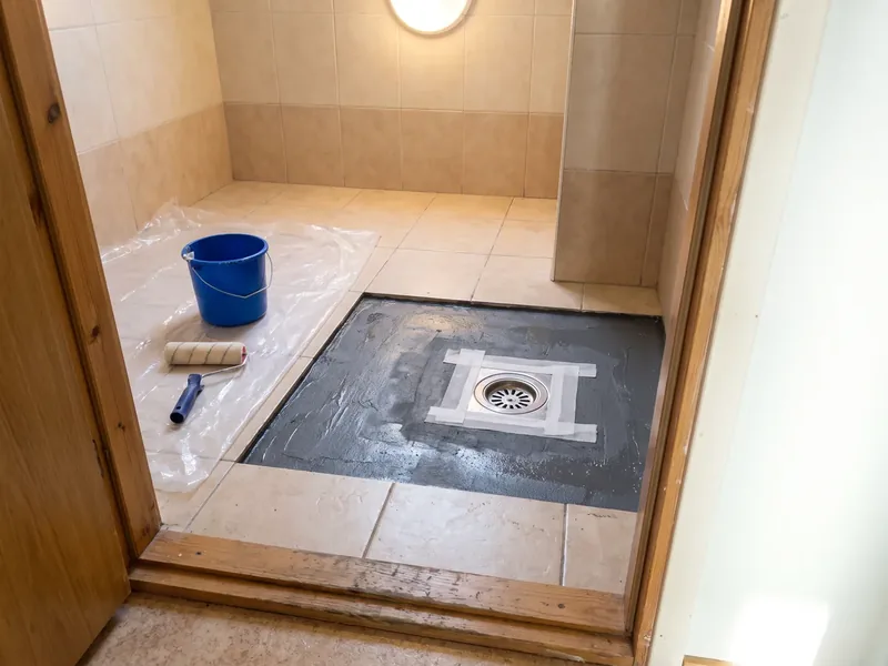 Trapi ümbrus pärast vana plaadi eemaldamist: tumehall membraan ja valged tugevdusribad ümber ümara trapi, kõrval sinine ämber ja rull kaitsekilel, vana plaat lõigatakse välja piki vuuke, nii et parandatava ala kõrval jääb iga terve plaat alles.