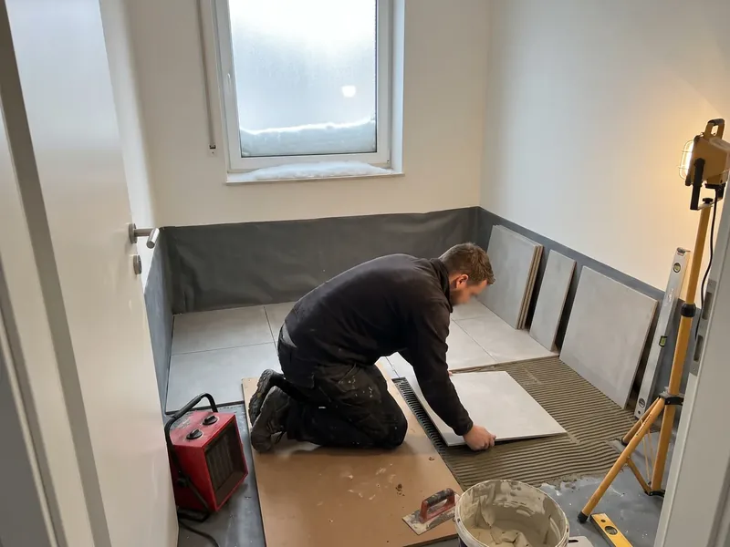 Plaatija tumedas tööriietuses vajutab suure helehalli põrandaplaadi kammitud liimi sisse, seina ääres seisavad plaadid, nurgas punane soojapuhur ja aknal lumi, suured plaadid hoitakse objektil serviti seina najal, et alumised plaadid virna raskuse all ei mõraneks.