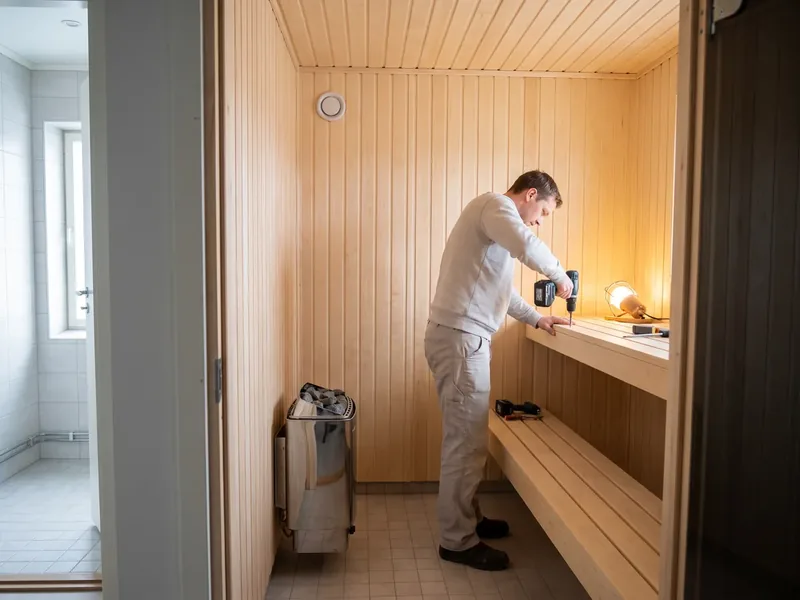 Puusepp helehallis tööriietuses puurib ülemist lava, seintel ja laes heledad voodrilauad, põrandal elektrikeris ja seinal ümmargune ventilatsiooniava, leiliruumi voodrilauad paigaldatakse seinale vertikaalselt, nii et kondensvesi valgub mööda soont alla.
