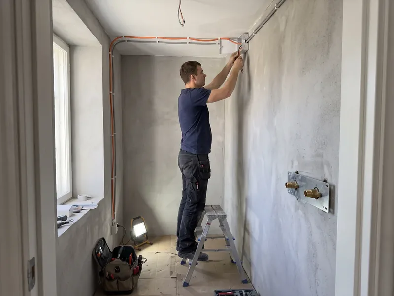 Elektrik tumesinises T-särgis paigaldab redelil lae lähedale harukarpi, seintel oranžid kaablitorud ja kahe messingühendusega montaažiplaat, vasakul kõrge aken, vanas kivimajas kontrollitakse seina enne kaablisoonte lõikamist detektoriga, et soon ei läbiks seina peidetud toru.