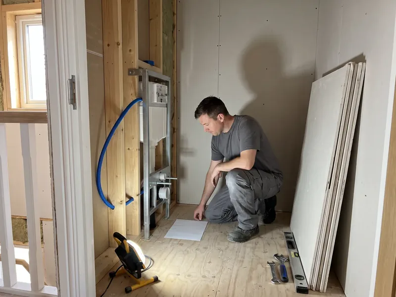 Santehnik hallis tööriietuses kükitab puitpostidele kinnitatud seina-WC raami ees ja vaatab raami all olevat paberilehte, seina ääres kipsplaadid ja töölamp, seina-WC raami kattev vahesein ehitatakse kahest kihist niiskuskindlast kipsplaadist.