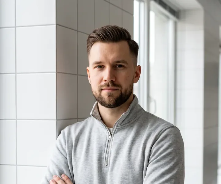 Martin Laaneväli tahapoole kammitud juuste ja lühikese habemega, helehallis tõmblukuga pulloveris, käed rinnal risti, seljataga plaaditud koridor ja aknad, plaadi tagakülg pühitakse enne liimimist niiske käsnaga tolmust puhtaks.