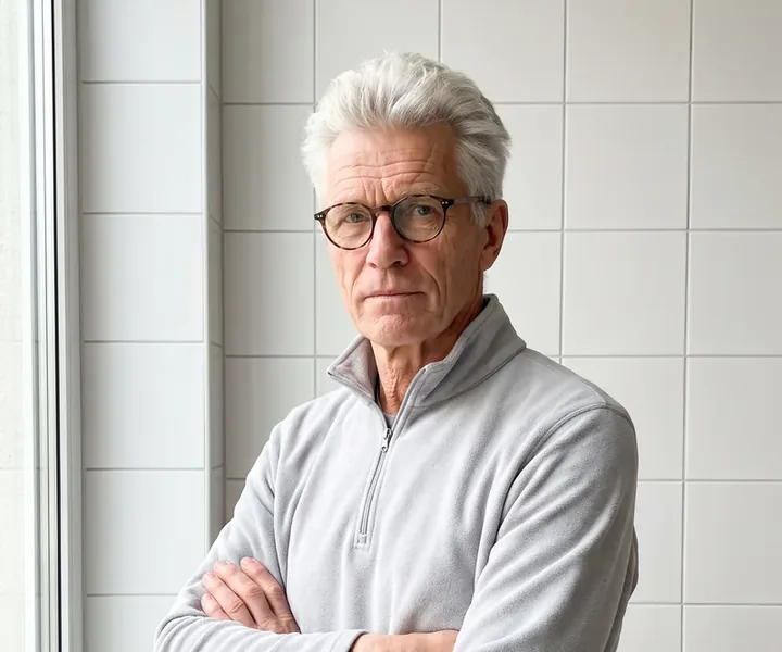 Rein Lääts valgete ülespoole kammitud juuste ja ümarate prillidega, helehallis fliisis, käed rinnal risti, kõrval aken, remondi esimesel ja viimasel päeval pildistatakse korteri veearvestite näidud.